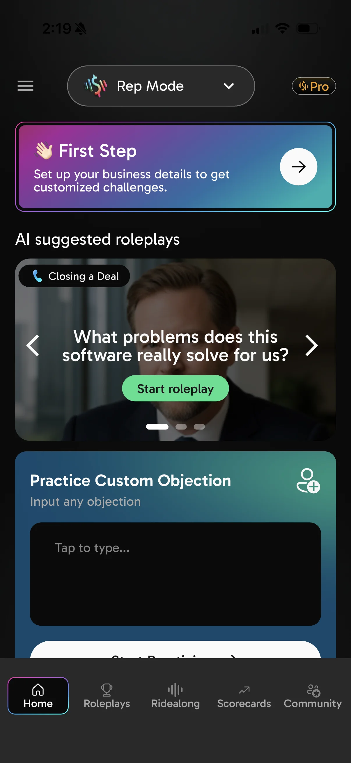 CloserCoach app — AI-suggested daily coaching home screen