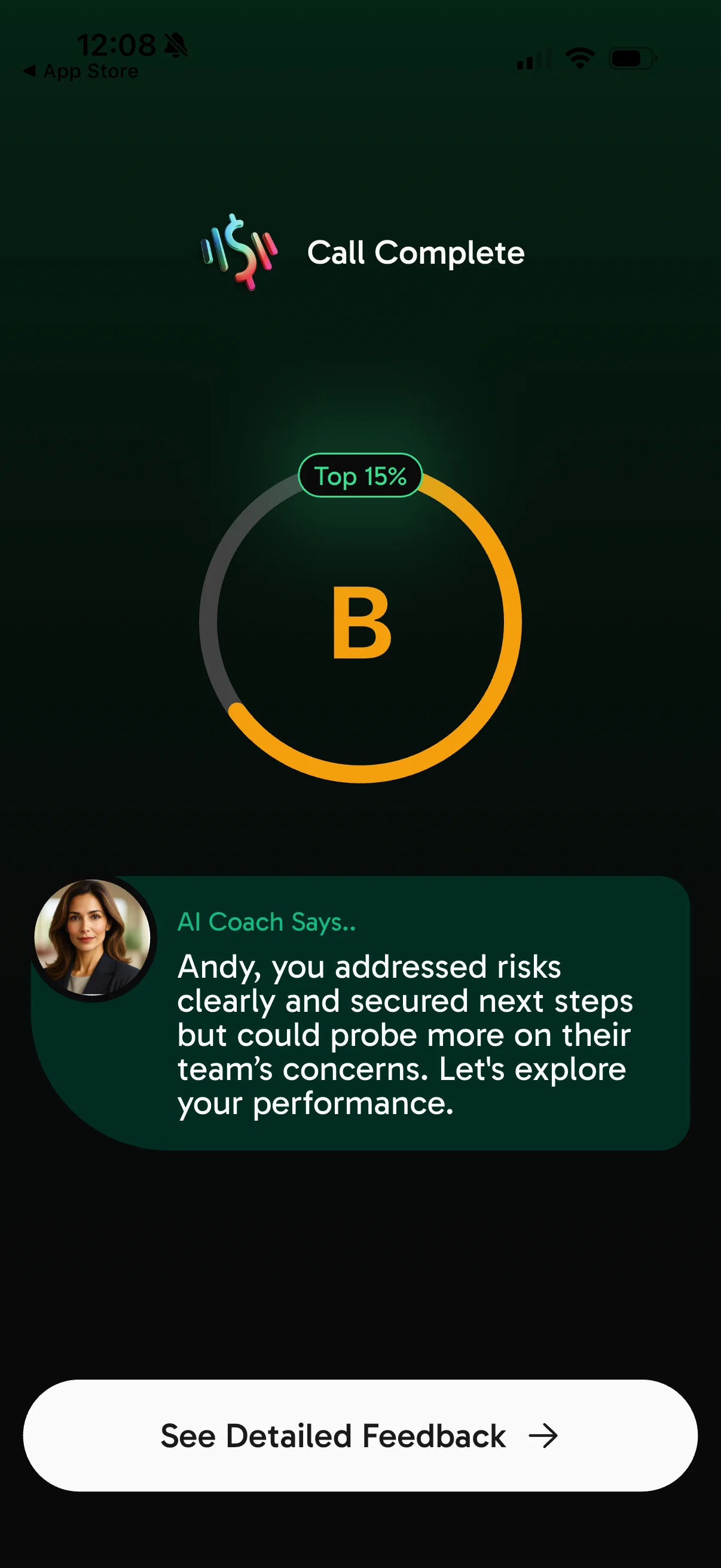CloserCoach app — call scorecard with letter grade
