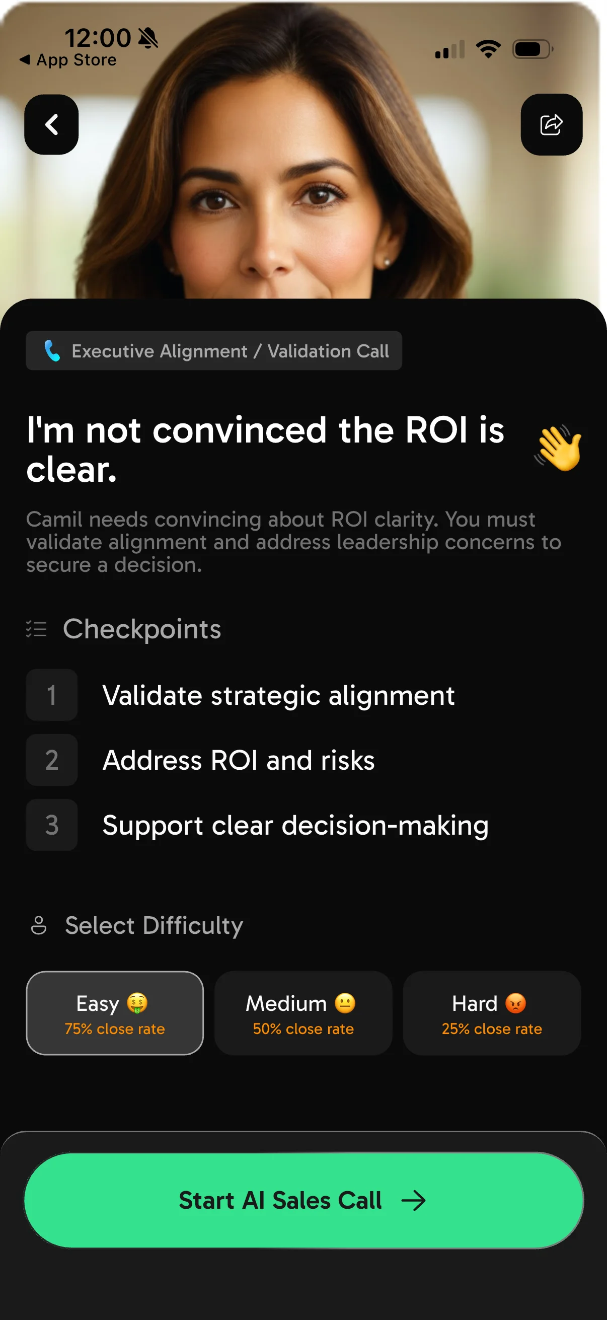 CloserCoach app — personalized roleplay setup for a new rep