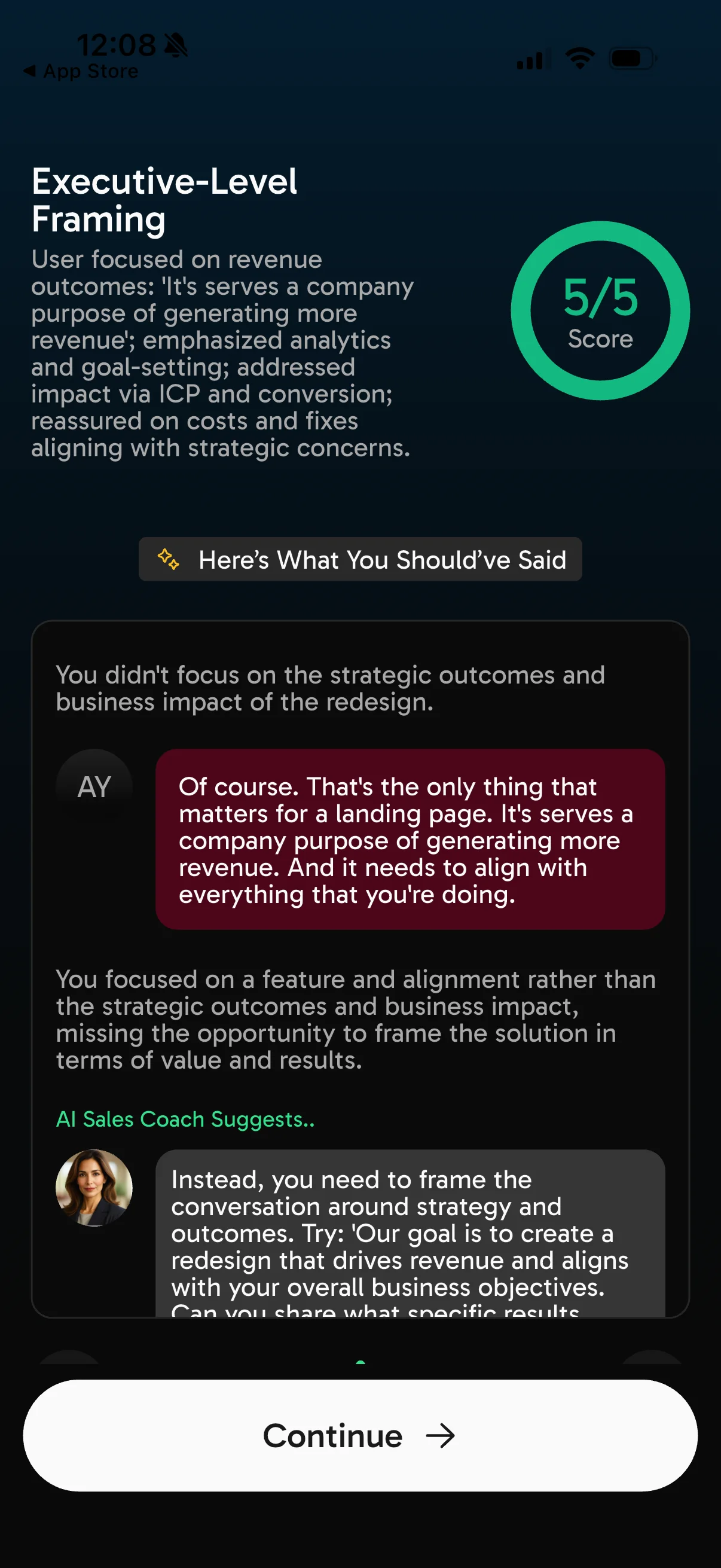 CloserCoach app — call feedback drill-down with objection coaching