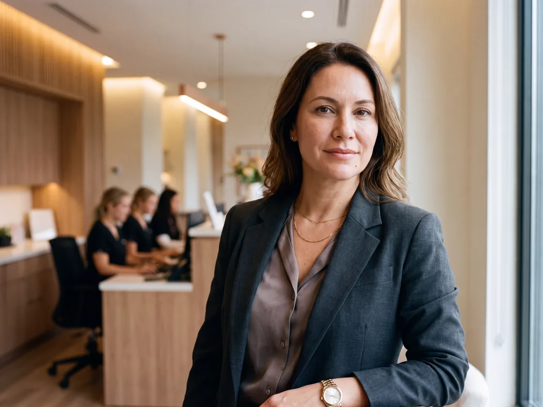 A business owner by a window in her office, staff working at a reception desk behind her