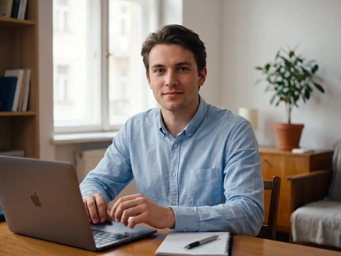 A young candidate working at a laptop in a small home office