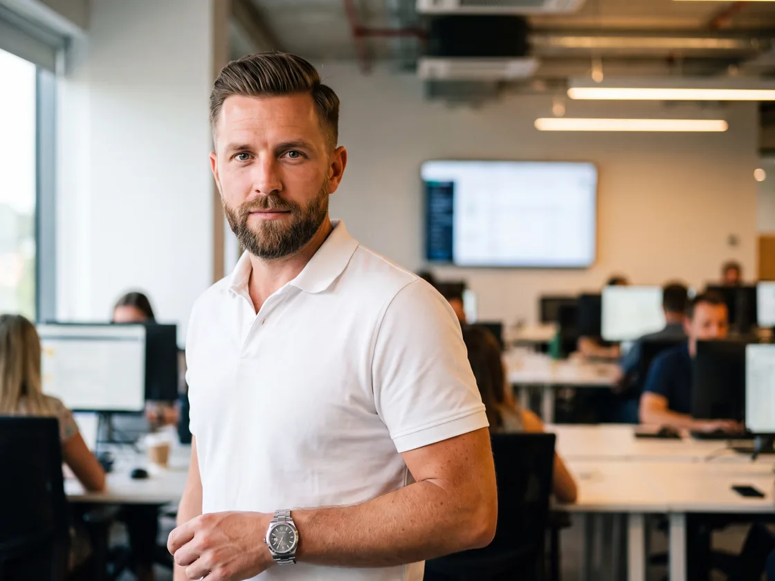 A sales manager standing on an open-plan sales floor, his team at desks behind him