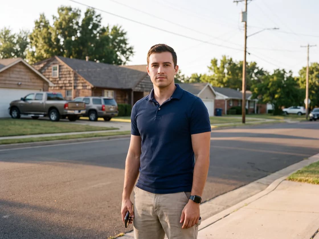 A field sales rep holding a phone on a suburban street of single-storey houses