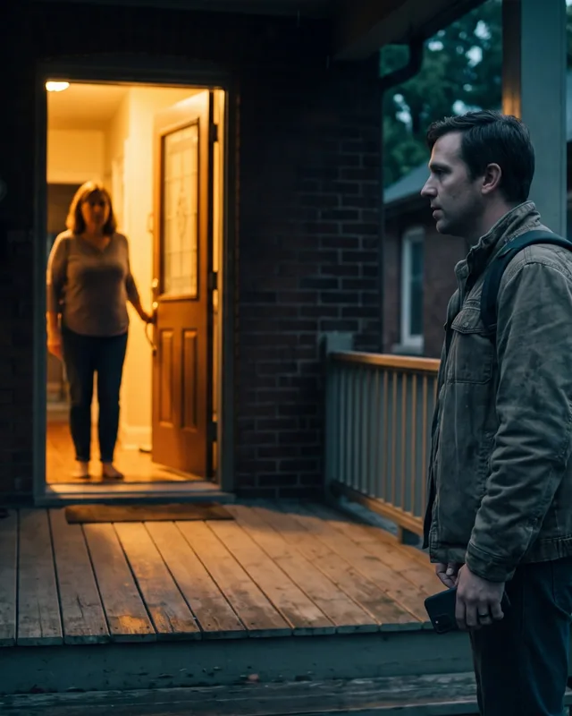A rep on a doorstep at dusk as a homeowner opens the door
