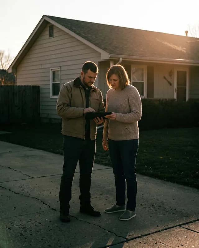 A rep and a homeowner looking at a tablet in a driveway
