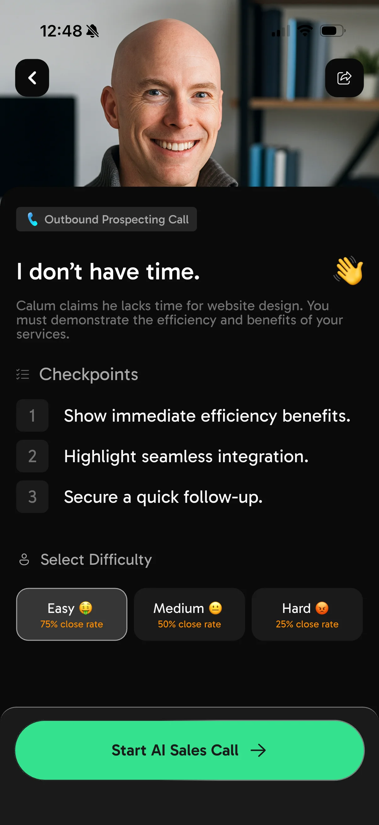 CloserCoach app — AI sales roleplay setup screen